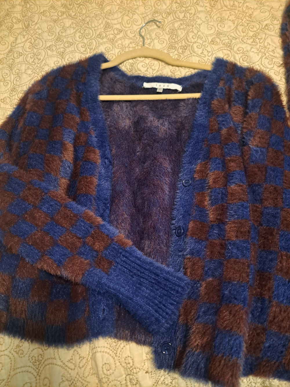 Tres Blue and Brown Checkered Fuzzy Cardigan Sweater And Pencil Skirt - Picture 5 of 5